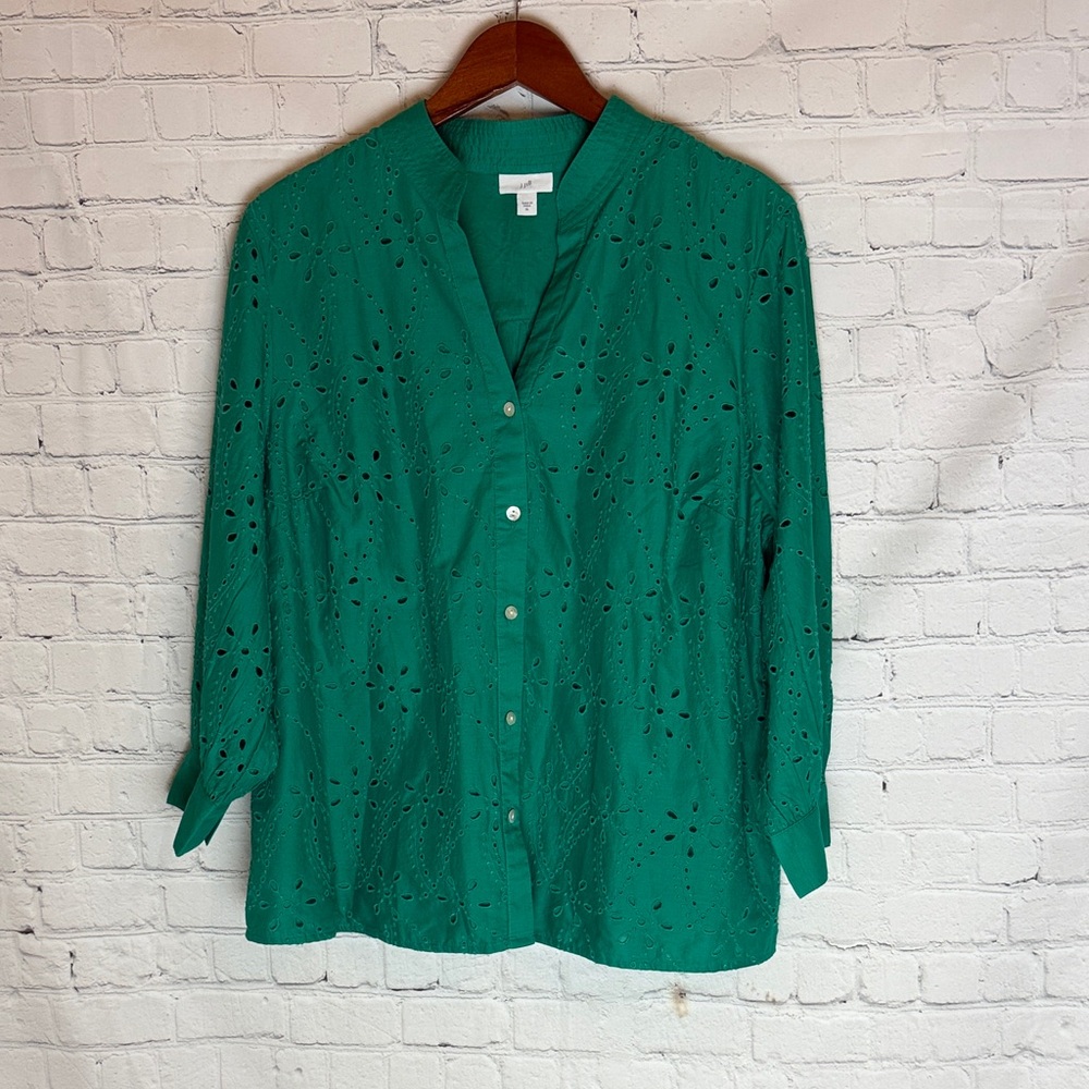 J. Jill Eyelet Button-Front Top XL Green - Picture 2 of 13